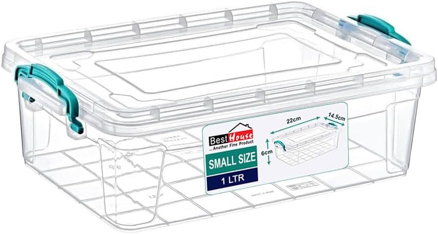 Best House | Small Plastic Storage Box with Clips & Lids | Size 1L (L:21.6cm W:14.6cm H:6cm) | Set of 1 | Flat Shape |Stackable Clear Multipurpose Home Office Kitchen Tools Crafts Bits N Pcs-1 Litres