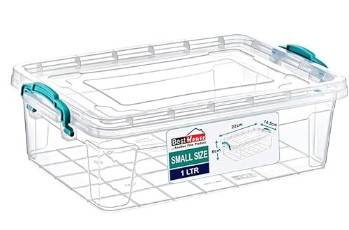Best House | Small Plastic Storage Box with Clips & Lids | Size 1L (L:21.6cm W:14.6cm H:6cm) | Set of 1 | Flat Shape |Stackable Clear Multipurpose Home Office Kitchen Tools Crafts Bits N Pcs-1 Litres