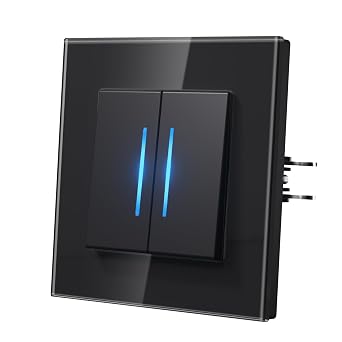 Flush-Mounted Light Switch Light Switch with Blue Light Strips Modern Glass Switch Easy Assembly 86 mm x 86 mm Wall Switch Double 1 Way Black