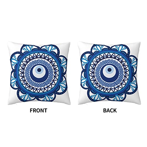 Pack Of 2 Cozy Polyester Cotton Throw Pillow Cases Covers For Couch Bed Sofa Office Farmhouse Decoration Evil Eye Mandala Style 18 X 18 Inches Printed Both Sides Cushion Covers Blue-Green #TOP2