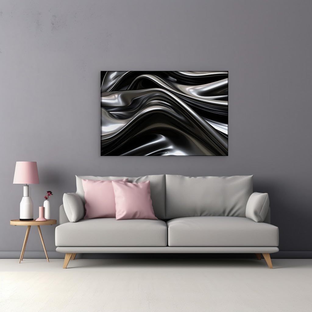 Canvas for Living room. Luxurious Liquid Motion: How Black and Silver Waves Can Transform Your Aesthetic, 27 x 18 inch Canvas Wall Art - Modern Home Decor