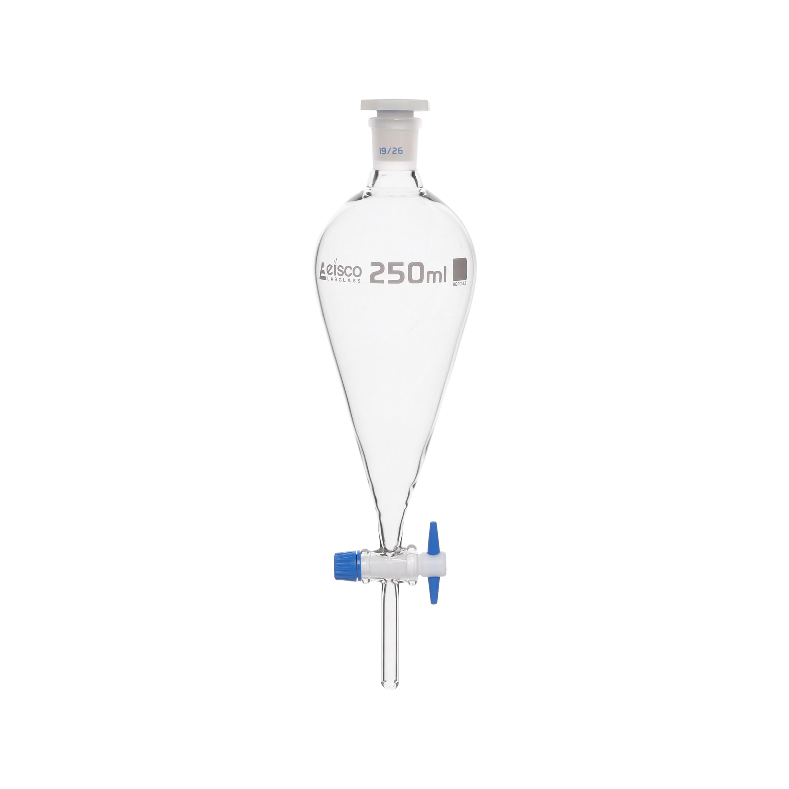 EISCO Squibb Separating Funnel, 250ml - 19/26 Plastic Stopper, PTFE Key Stopcock, Ungraduated - Borosilicate Glass