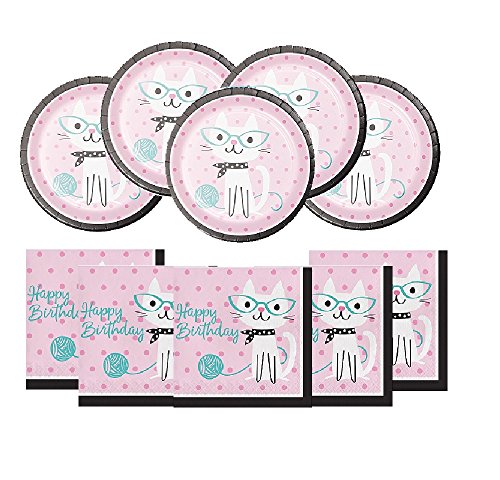 Red Balloon with Creative Kitty Cat Kitten Birthday Supply Plates and Napkisn for 8 Guests