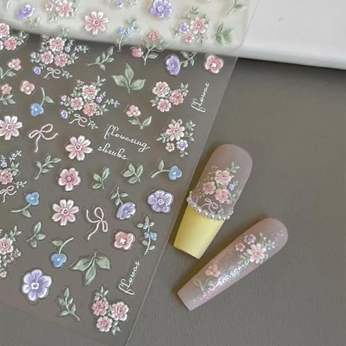 Image of Flower Nail Stickers for Nail Art Colorful Nail Stickers Small Floral Nail Decals Self Adhesive 5D Embossed with Design Spring Manicure Supplies Charm for Women Girls Accessories