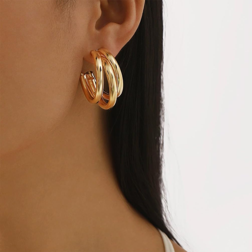 Chunky Gold Plated Triple Circle Stud Earrings for Women Statement Charming Unique C-Shaped Earring Trendy Prom Party Costume Jewelry Accessories Gift - Image 7