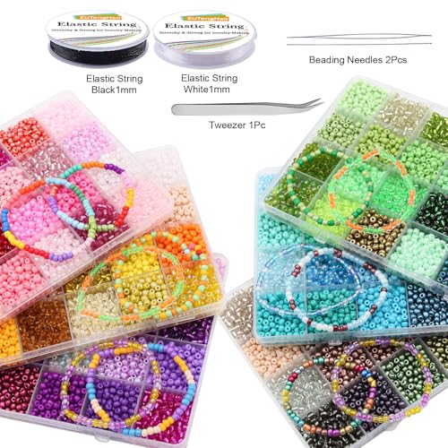 EuTengHao 28800pcs 4mm Multicolor Glass Seed Beads for DIY Bracelet Necklaces Crafting Jewelry Making Supplies with Beading Needles Elastic Strings Tweezers (144 Colors, 200Pcs Per Color) - Image 5