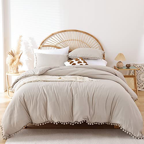 YIRDDEO King Size Comforter Set - King Size Comforter with Ball Pom Fringe, Soft King Bedding Set for All Seasons - 3 Pieces, 1 Comforter (104"x90"inches) & 2 Pillow Shams(20"x36"), Oatmeal