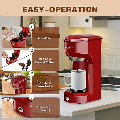 Sunvivi Single Serve Coffee Maker For Single Cup & Ground Coffee, Coffee Brewer With Permanent Filter, One-Button Control,6Oz To 14Oz Cup Sizes, Red #TOP4