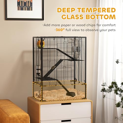 PawHut Large Hamster Cage with 9" Deep Tempered Glass Bottom, 4 Tiers Hamster Tank with Running Wheel, Hut, Water Bottle, Dish, Rat Cage for Syrian, Dwarf, Gerbils, Mouse, 24" x 16" x 31.5", Black - Image 4