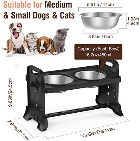 Lewondr Raised Pet Bowls for Dogs and Cats 4 Adjustable Height Stainless Steel Food and Water Bowls Pet Dish with Double Bowls Detachable Elevated Feeder Dishwasher Safe - Black