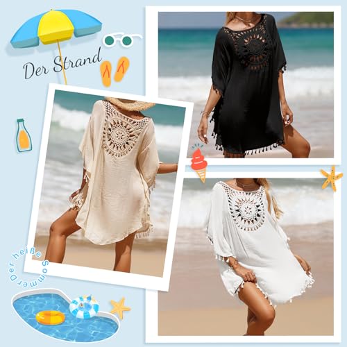 Figarge Damska Sukienka Plażowa z Narzutką na Bikini, Kostium Kąpielowy z Frędzlami, Tunika Plażowa w Stylu Boho, Biały, Jeden Rozmiar