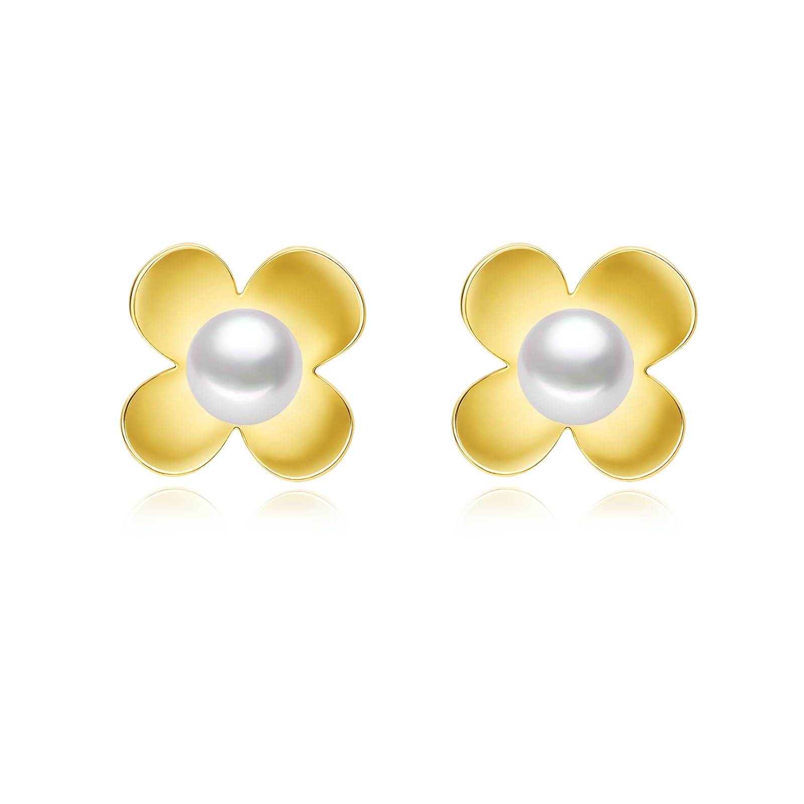 Stud Earrings Gold Plated 14K, Stud Earrings for Women Hypoallergenic, 4 Leaf Clover Pearl Earrings, Suitable Daily Wear and as Mother's Day, Birthday (Gift box Packaging)