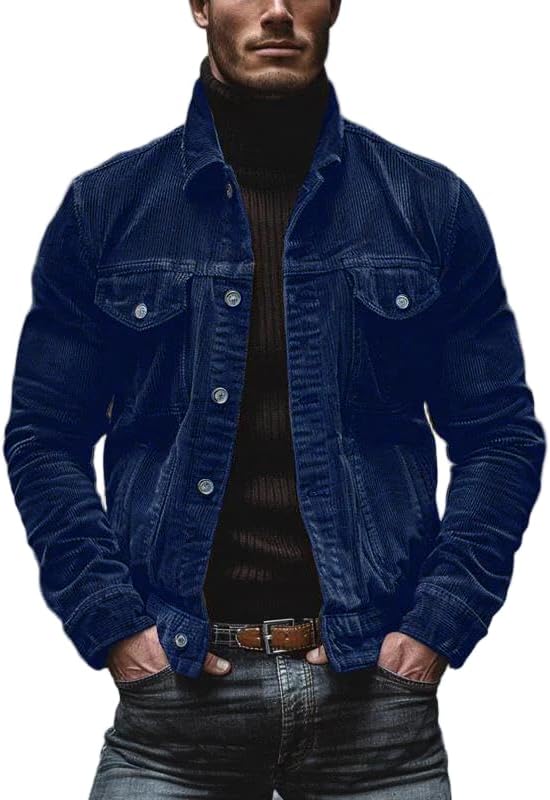 DEPENSL Men's Vintage Corduroy Jackets Fall Lapel Button Down Cargo Trucker Jacket with Pockets
