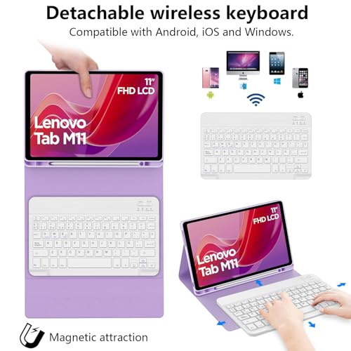 Keyboard Case for Lenovo Tab M11 / K11 LTE 11 Inch 2024, Magnetic Detachable Wireless Bluetooth Keyboard Cover, Folio PU Leather Case with Pencil Holder Auto Wake/Sleep, Multi-Angle Kickstand — view 2