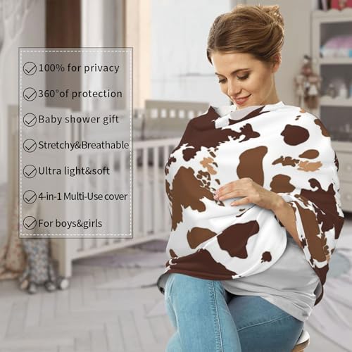 Image of Cow Print Brown Western Baby Stuff Car Seat Cover for Baby,Mom Nursing Breastfeeding Covers,Multi-Use Car Seat Canopy Carrier Cover,Newborn Shower Gift for Boys Girls