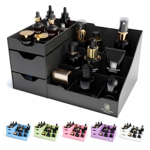 Uncluttered Designs Cosmetics Organizer With Drawers—Modern Countertop Storage for Toiletries—Classic Storage for Cologne, Creams, Shaving Accessories (Black)
