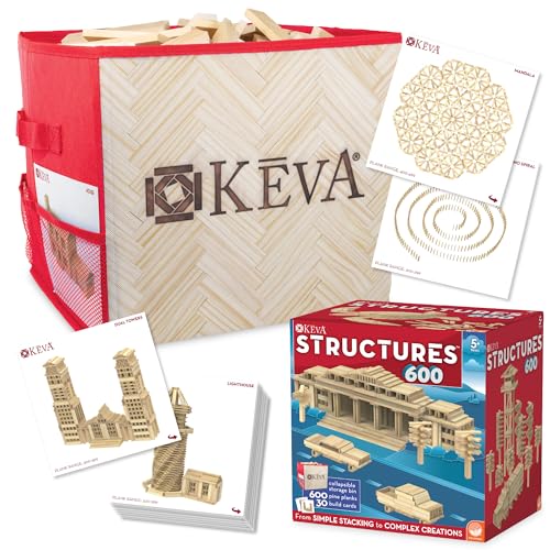 Image of MindWare KEVA Structures 600 Plank Wooden Building Blocks Set, Includes 600 Pine KEVA Planks, 30 Idea Cards and Collapsible Storage Bin