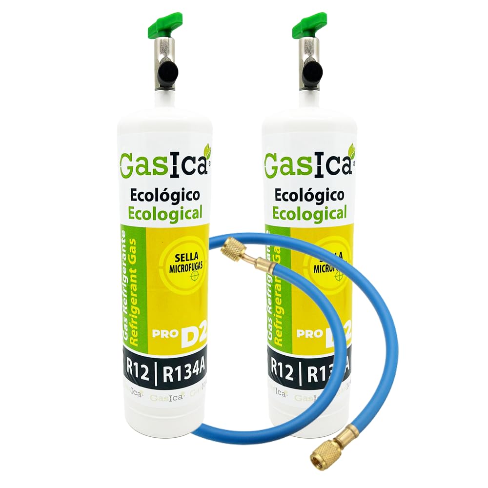 2 confezioni a gas refrigerante ecologico in gomma D2 Pro compatibile con R134A R12 EQUIVALE a 900 GR + VALVOLA + TUBO