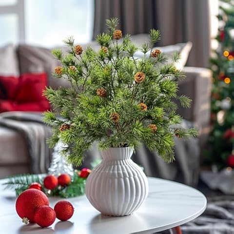 16.1'Artificial Christmas Norfolk Pine Branches Pinecone Garland Stems Tree Greenery Decor Faux Cedar Picks Home Decoration Real Touch Evergreen Realistic Plant Leaves for Winter Holiday Indoor (6PCS) Cover