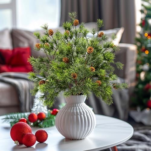161Artificial Christmas Norfolk Pine Branches Pinecone Garland Stems Tree Greenery Decor Faux Cedar Picks Home Decoration Real Touch Evergreen Realistic Plant Leaves for Winter Holiday Indoor 6PCS