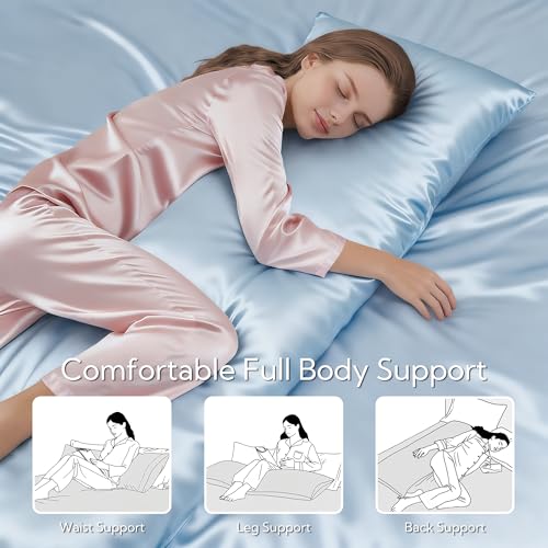 Image of MR&HM Satin Body Pillow Cover, Soft and Breathable Body Pillow Case with Envelope Closure, Cooling and Silky Long Pillowcase for Hair and Skin,Grey (20x54, Light Blue)