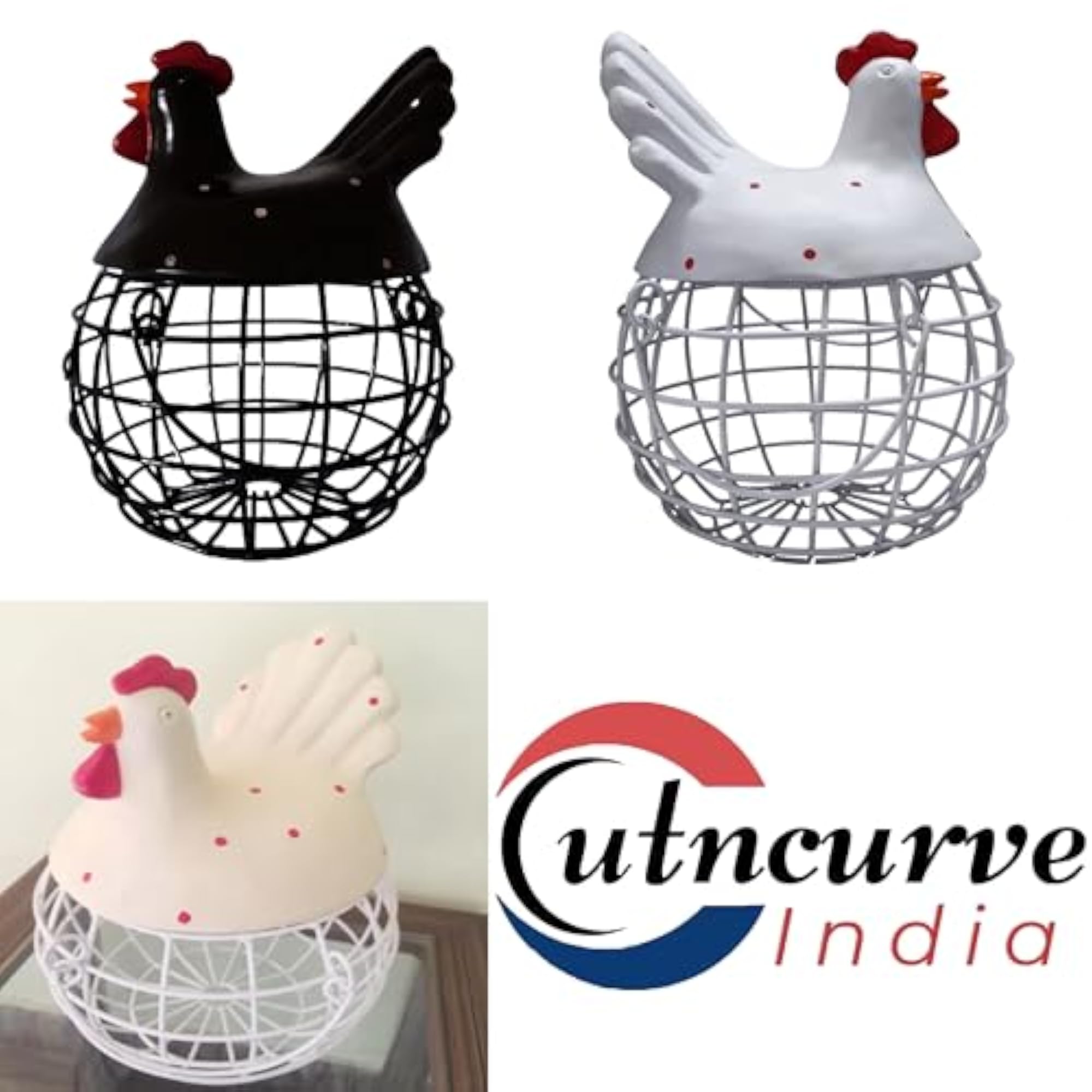 Decorative Rooster Storage Basket, White Metal Wire with Hand-Painted Top