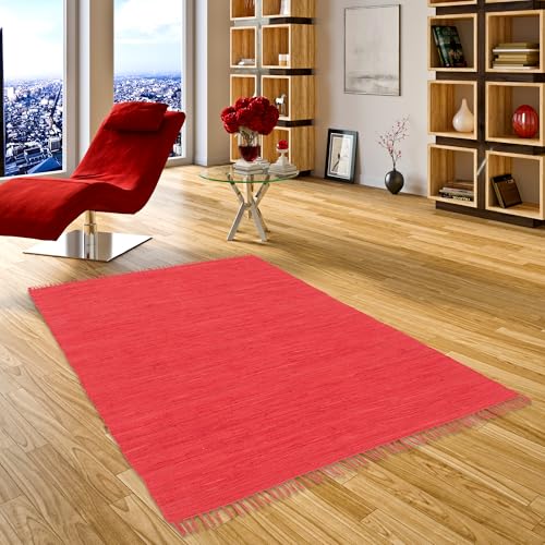 Pergamon Baumwolle Natur Teppich Flachgewebe Handgewebt Jolly Cotton Rot in 6 Größen