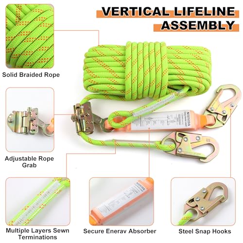 Rope Harness Safety Lanyard 50FT Fall Protection Vertical Roofing Rope with Grab Snap Hooks Shock Absorber Safety Ropes Tree Climbing Line Kit Heavy Duty Roof Safety Equipment by NIUSIDA - Image 2