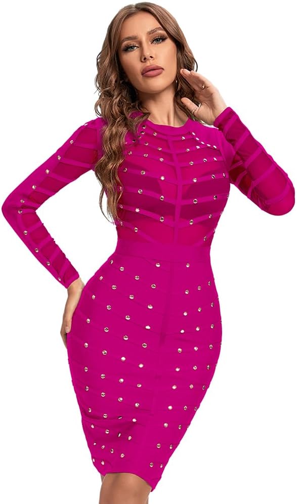 Long Sleeve Mesh Beaded Knee Length Rayon Bandage Dress
