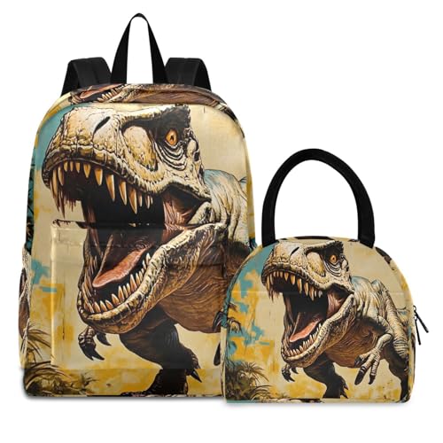 Backpack Lunch Bag Set Roaring Dinosaur Print, Big Storage Travel Backpacks with Insulated Lunch Box for Office Hiking Picnic