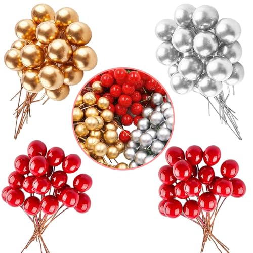 POPOYU 100pcs Christmas Berry Artificial Holly Berries, Artificial Fruits Red Berry Picks Winter Berries Bunch Berry Branches for Xmas Tree Decs,Christmas Wreath Making Decorations Supplies,Multicolor