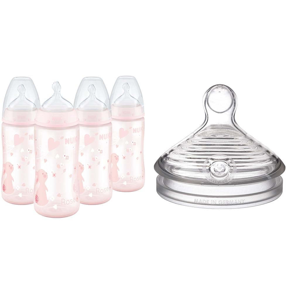 NUK Smooth Flow Anti Colic Baby Bottle, 10 oz, 4 Pack, Pink Bunnies,4 Count (Pack of 1) & Simply Natural Slow Flow Baby Bottle Nipples, 2 Pack