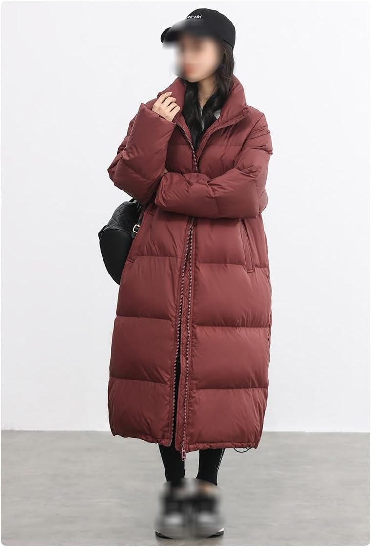 Women's Mid Length Down Jacket Standing Collar Loose And Fashionable Red Warm Jacket