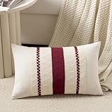 Fancy Homi Set of 1 Burgundy Boho Long Lumbar Decorative Throw Pillow Cover 12x20 Inch for Couch Bed Sofa, Aesthetic Modern Farmhouse Christmas Room Decor, Soft Cotton Cute Wind Red Cushion Case