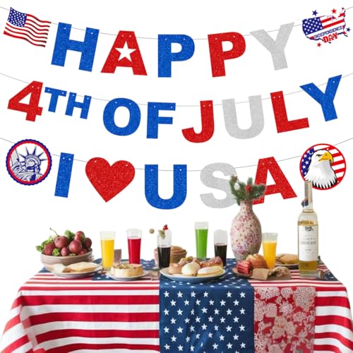 Image of Veterans Day Decorations Banner Glitter Letter, Patriotic Backdrop for Family 4th of July decoration, NO DIY Pre-Assembly, Fourth of July Paper Banner Independence Day Party Supplies