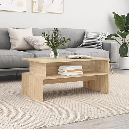 Table basse chêne Sonoma 90 cm avec étagère stable - 3