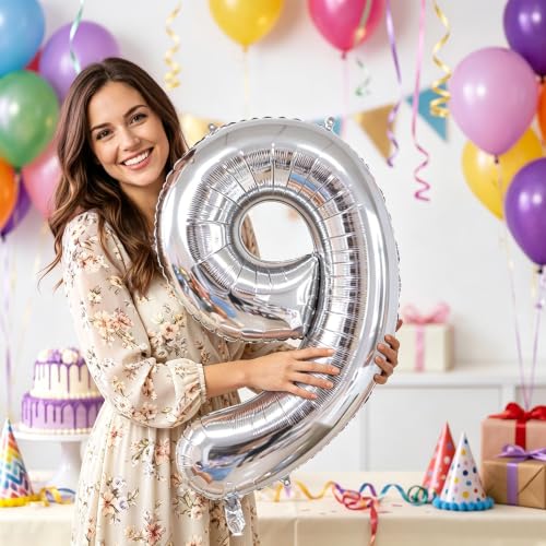 Image of Number Balloons Silver Party Balloon - Giant Number 9 Balloon, 40 Inch Large Balloon for Birthday Decorations, Silver Party Supplies for Anniversary