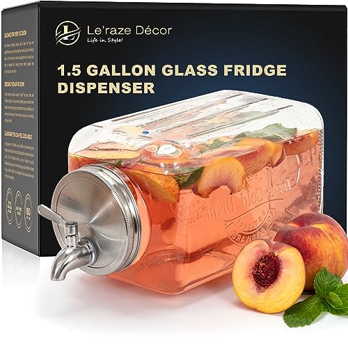 Le'raze 1.5-Gallon Glass Beverage Dispenser - Modern, Clear & Stainless Steel - Gravity Dispenser with Stainless Steel Spigot by Le'raze - Used condition - US$35.57