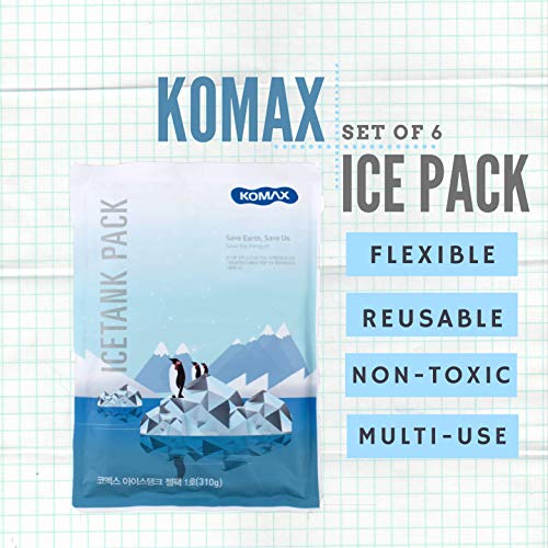 Komax Reusable Gel Ice Packs for Lunch Bags, Set of 6, Slim Design, 8 Hour Cooling, BPA-Free, Food-Safe