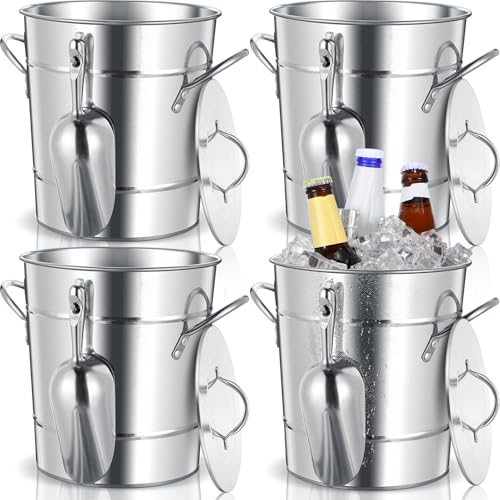 meekoo 4 Sets 4L Ice Bucket with Scoop and Lid for Parties Champagne Ice Bucket with Handles Double Walled Insulated Galvanized Metal Wine Beverage Chiller Beer Cooler for Cocktail Bar Tub Home Party