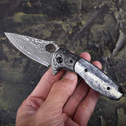 Newootz Handmade Damascus Steel Pocket Knife With Leather Sheath,Liner Lock Bone Handle,Japanese Vg10 Core 2.8In Blade,Folding Knives For Camping And Fishing,Edc For Men And Women #TOP3
