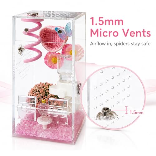Image of Jumping Spider Enclosure,DIY Insects Habitat,Small Reptile Terrarium Glass House Accessories Set,with Jumping Platform Hide Water Feeder (Pink B)