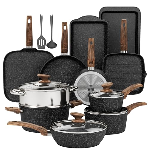 DishDelight 17 Piece Pots and Pans Set Non Stick, Nonstick Induction Granite Kitchen Cookware Set, Non Toxic Cookware Set with Frying Pans and Saucepan, Cooking Sets Pots and Pans, Black