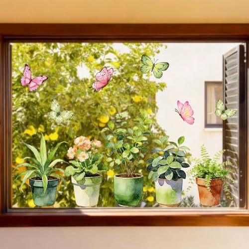Hikosiya 静電ステッカー 窓ステッカー 植物 葉 ピンク 花 藤 桜 鳥 紅葉 黄葉 葉っぱ 落ち葉 リス 窓 ドア 戸棚 浴室 ガラス かわいい 飾り 両面印刷 水で貼る 貼り直し可能 静電気シール インテリア おしゃれ 春 夏 秋 冬 四季 ステッカー DIY PVC素材 生活防水 部屋飾り 店舗飾り (緑の鉢植え) [2]