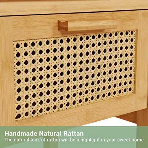 Viagdo Nightstand With Charging Station, Bamboo End Table With Usb Ports & Power Outlets, Bed Side Table With Rattan Drawer, Nightstands Set Of 2 For Bedroom, Living Room, Natural, 2 Pack #TOP4