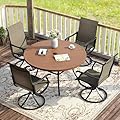 VICLLAX Patio Dining Set for 4, 5 Pieces Outdoor Furniture Includes 40.6" Round Patio Table with Umbrella Hole and 4 Outdoor Swivel Chairs for Lawn Garden, Walnut Tabletop and Mixed Brown Fabric