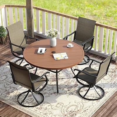 VICLLAX Patio Dining Set for 4, 5 Pieces Outdoor Furniture Includes 40.6" Round Patio Table with Umbrella Hole and 4 Outdoor Swivel Chairs for Lawn Garden, Walnut Tabletop and Mixed Brown Fabric