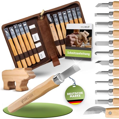 HOLZHELD Outil de sculpture et bloc de bois à sculpter (17 pièces) dans un très bel étui en cuir. Incl. guide de sculpture et grand bloc de bois en tilleul.