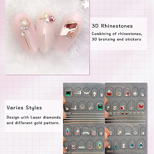 Nail Stickers Art Luxury Diamond Set 8 Sheets 3D Self-Adhesive Heart Decals Rhinestones Design Gold Line Glitter Gems Pink Blue Red Colorful And 1 Pcs Tweezer (Gloup E) #TOP6