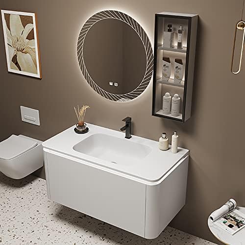 Bathroom Cabinet Set Furniture Intelligent Mirror Combination Creamy Round Edge Bathrooms Vanity with Skin-Like Beautiful Stone Integrated Basin Wash (110cm)